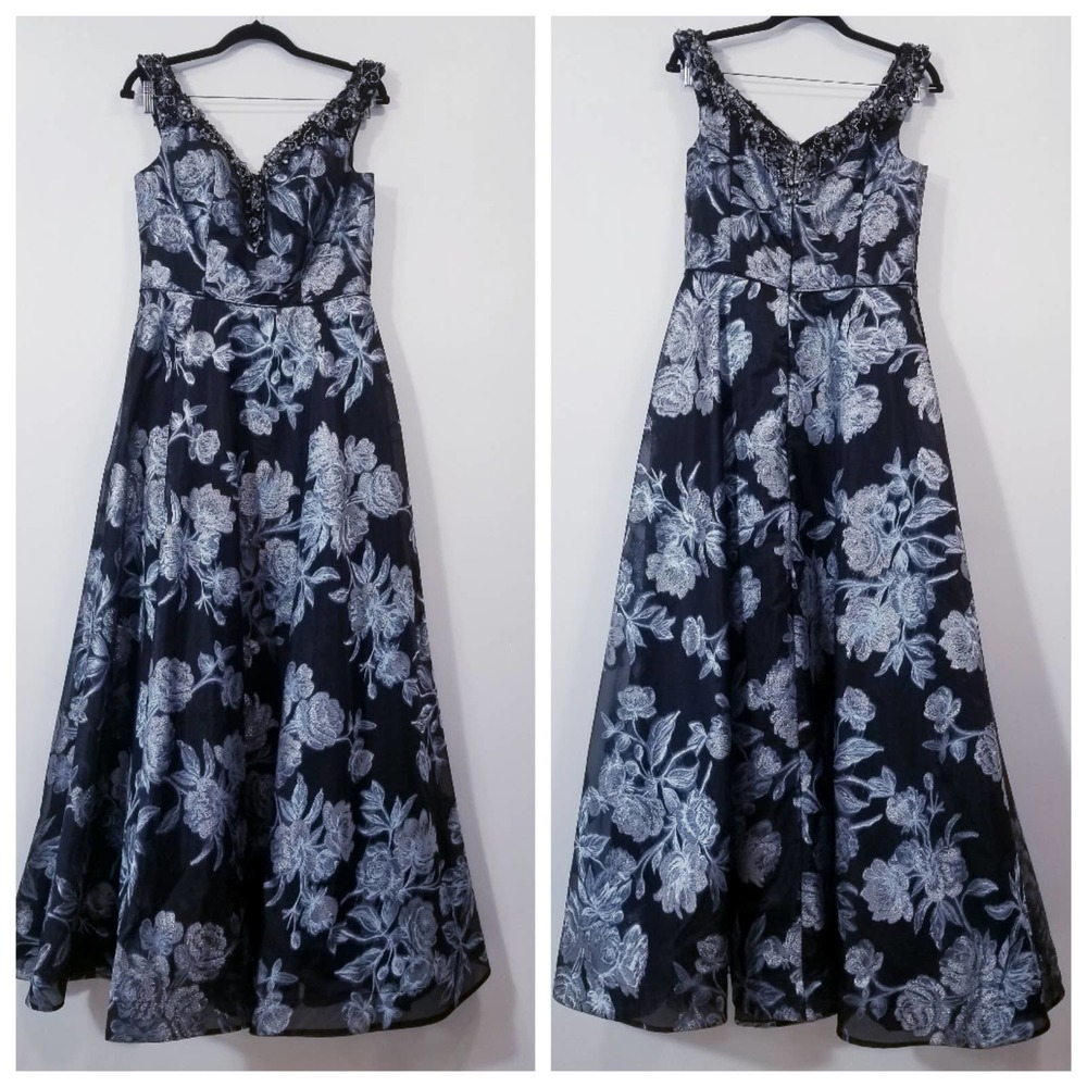 Cameron Blake Metallic Floral Rhinestones Formal Long Dress